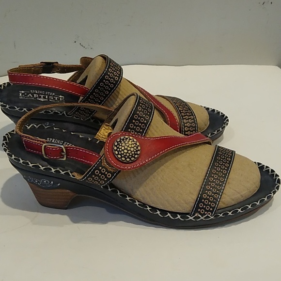 L'Artiste Spring Step Dreamer Size 41  Leather Strappy Heel Sandals Red Black - Picture 6 of 11